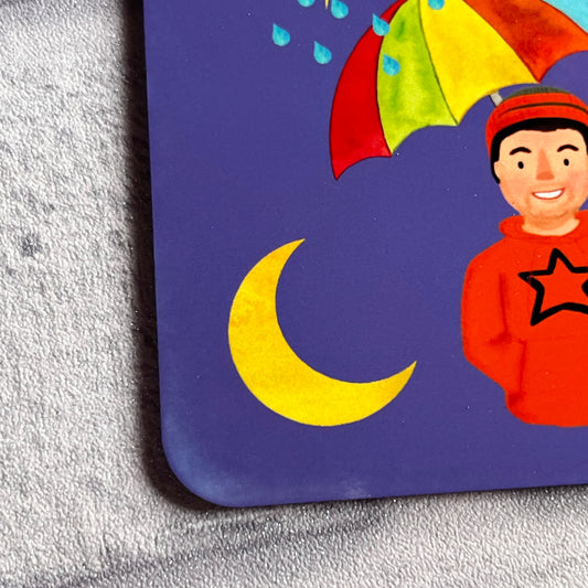 corner of a coaster showing section of faded print