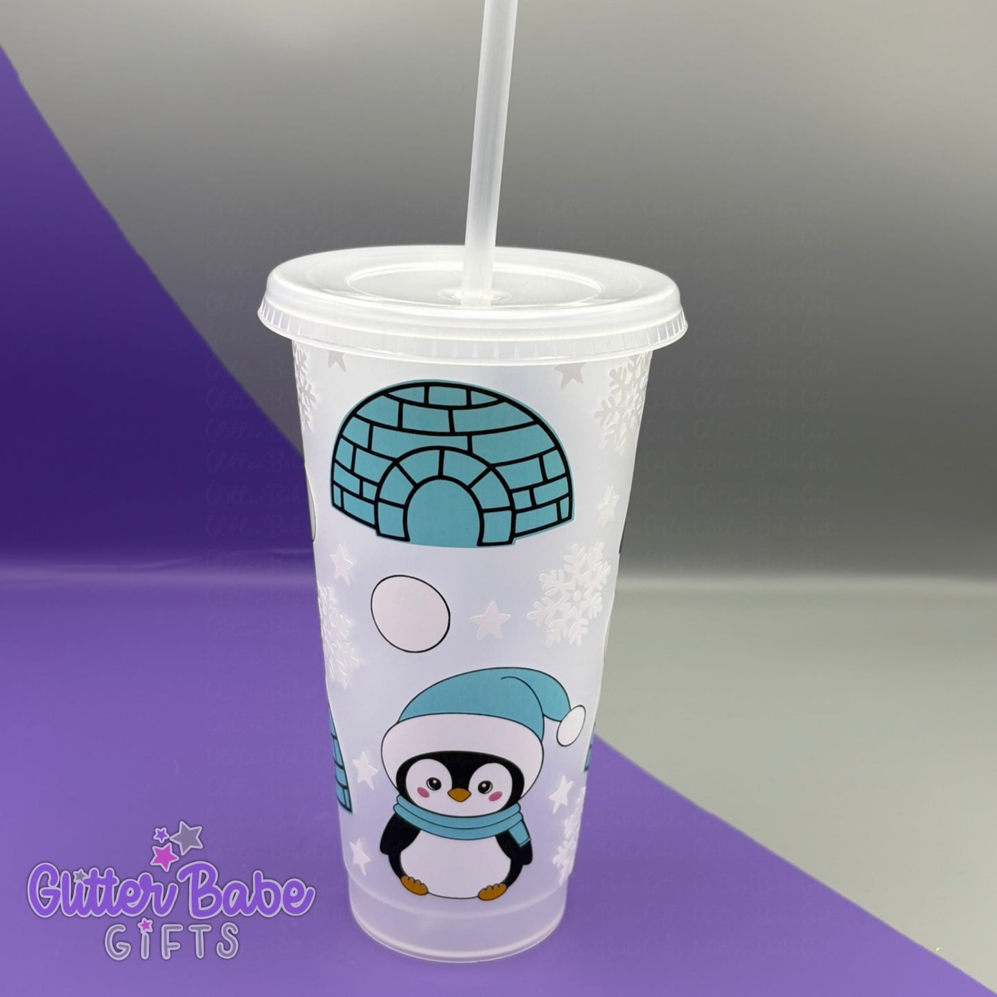 Tumbler with Aqua penguin design and igloo on a gradient background, branded 'Glitter Babe Gifts'.