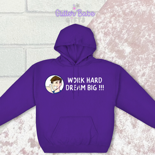 Purple hoodie with image and writing across the front with a pink and white background behind it