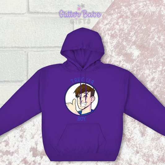 purple hoodie with image above pocket on white and background