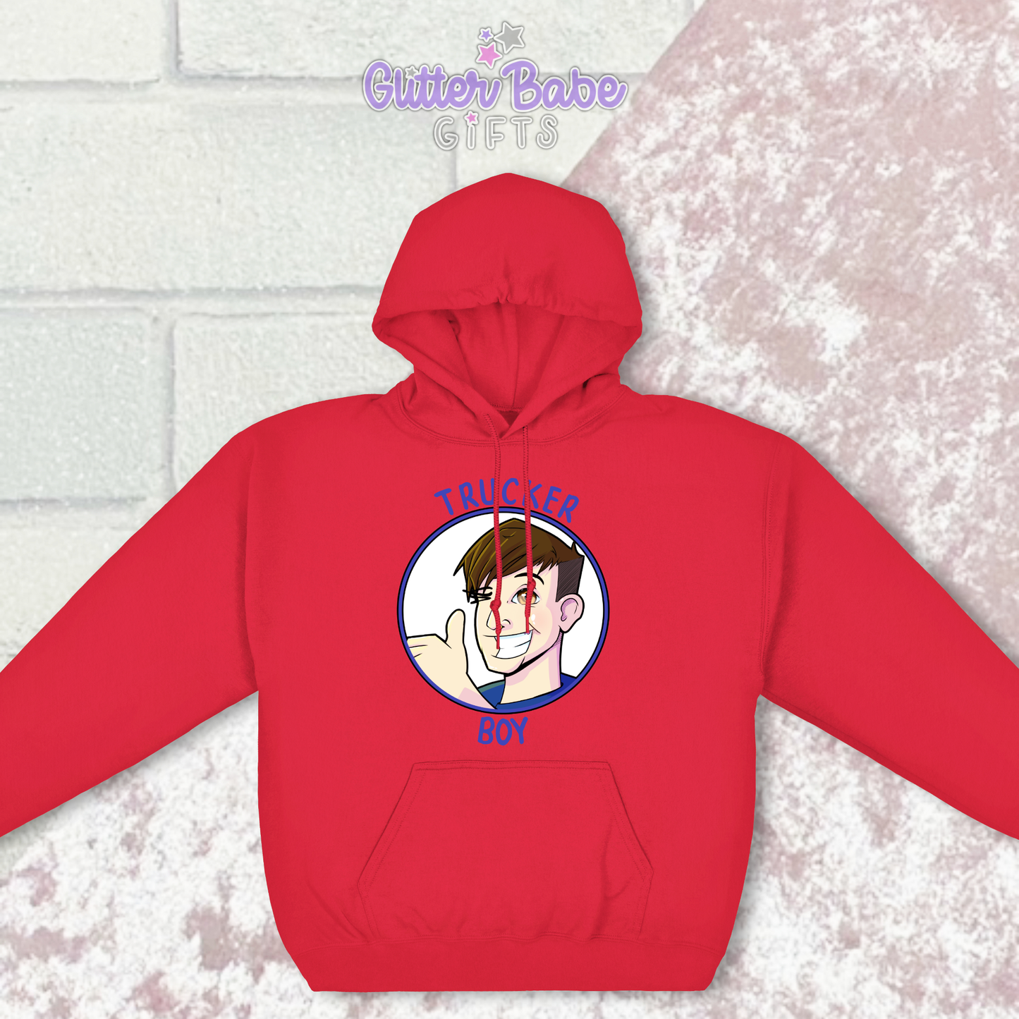a red hoodie with image above pocket on white and background