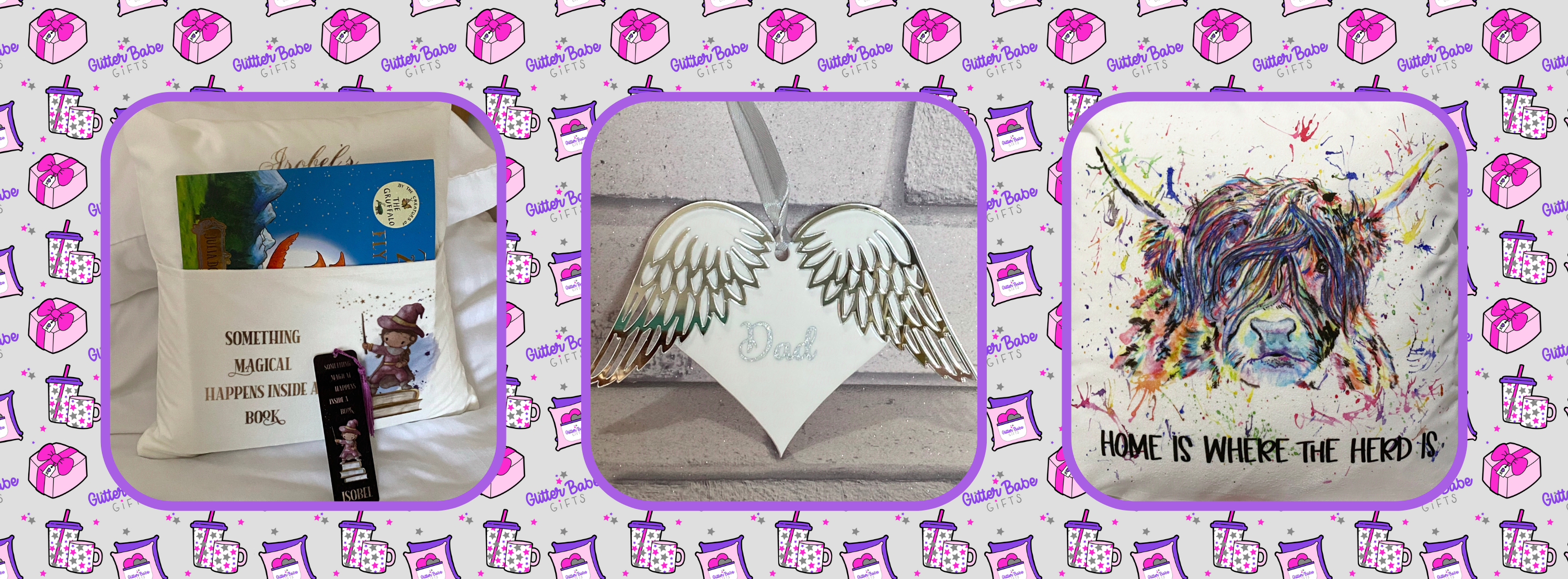 A trio of images with a repeat pattern border around it. from left to right a pocket cushion with wizard design, hanging heart with wings with the word dad and a highland cow rainbow splash image with home is where the herd is below it.