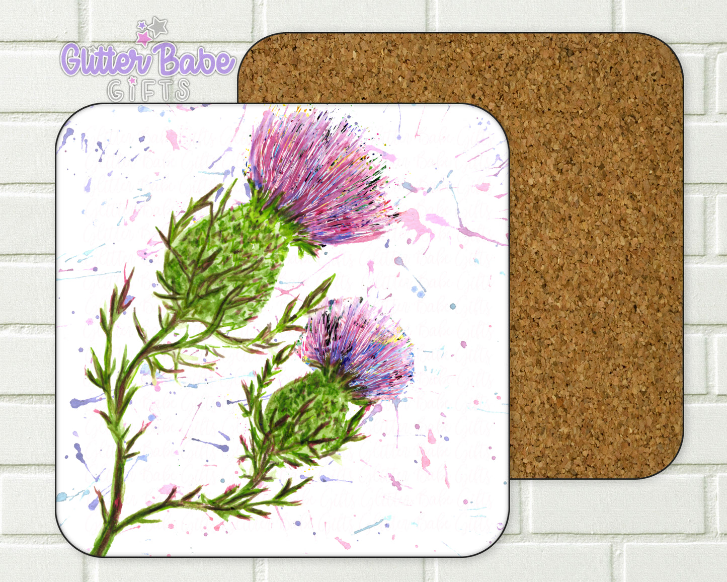 a Coaster image with a duo of watercolour thistles on it
