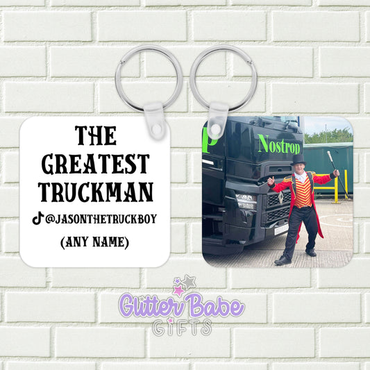 A Mock of up Square Key Ring. One side shows Black writing with space for name for personalisation the other shows a photo