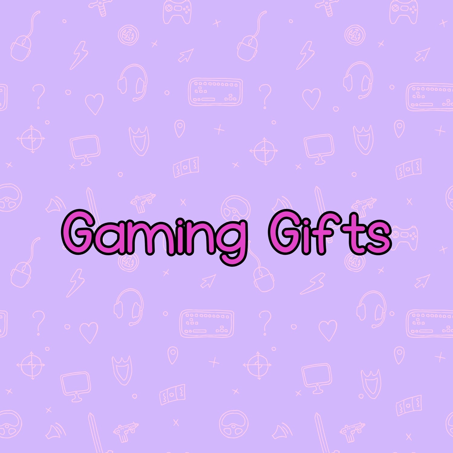 A Pink square with grey patterned edge with the words Gaming Gifts