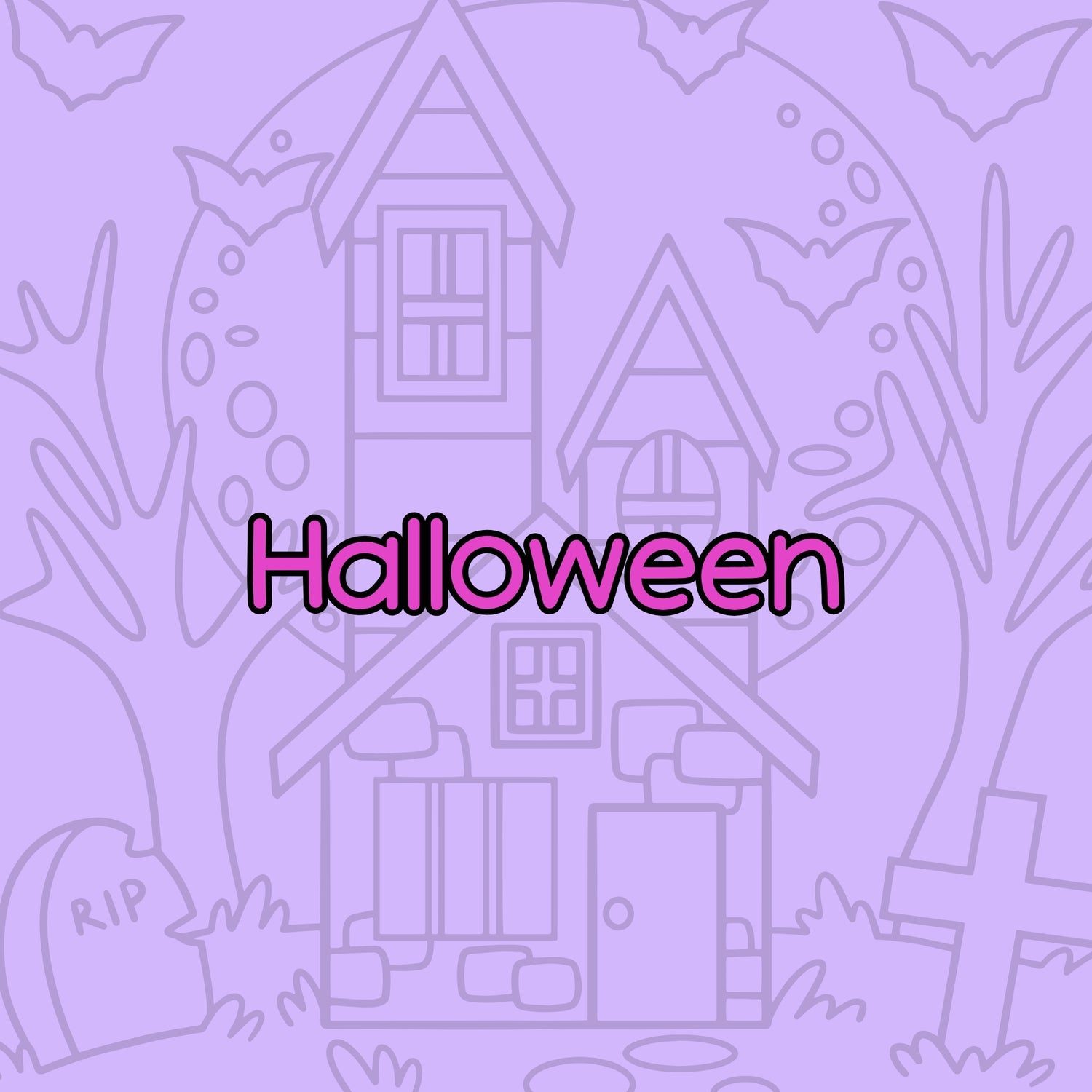 The wording Halloween on a pink background with grey pattern around the edging 