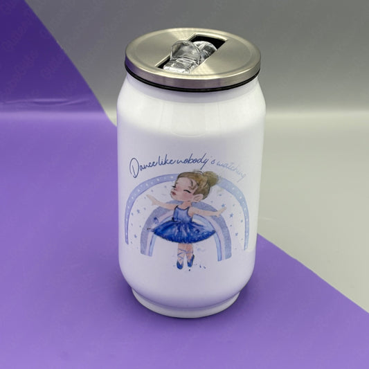 White can-shaped tumbler with a ballerina design on a purple and gray background