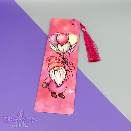 Bookmark with a gnome and balloons design on a pink and purple gradient background, branded 'GlitterBabe Gifts'.