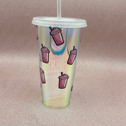 Rear View of the tumbler showing a smoothie cup design on a pink background