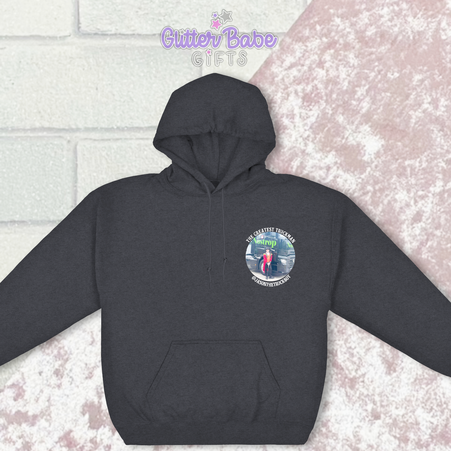 Dark grey heather effect Hoodie with a photo and wording on the left chest area