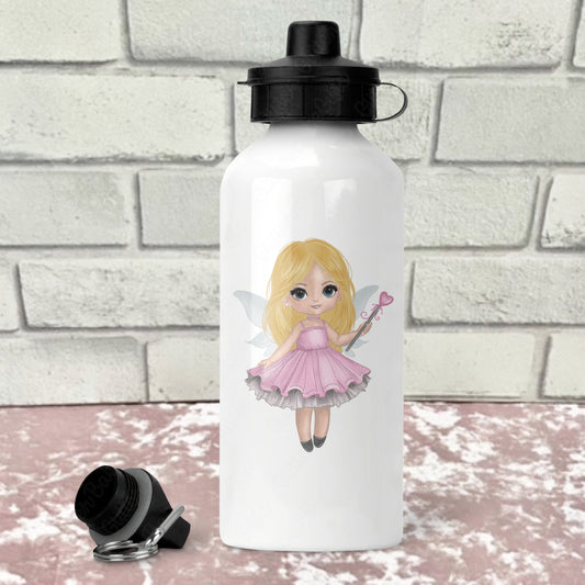 White water bottle with fairy design on a white brick background