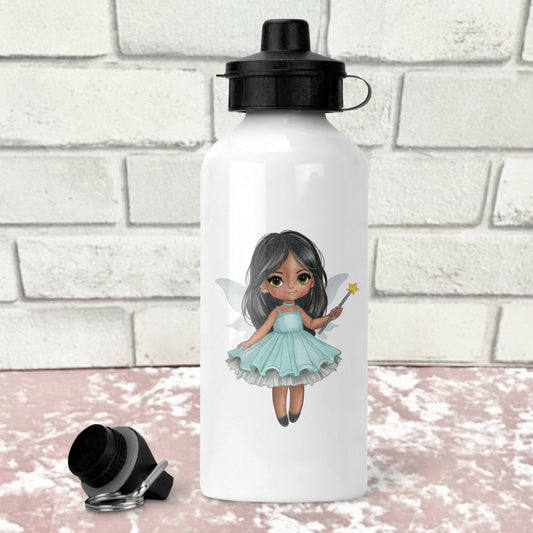 White water bottle with a fairy design on a white brick background