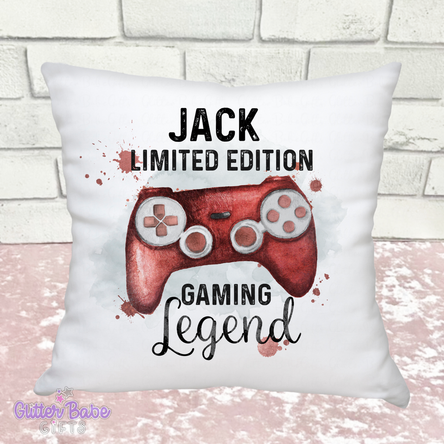 white cushion showing a gaming controller image in Red saying " Jack limited edition gaming legend"