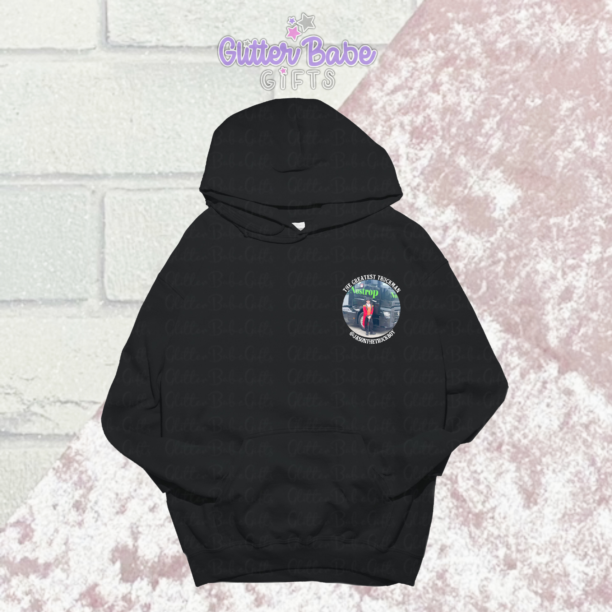 A Mocked Up image of a black hoodie with image on the chest area