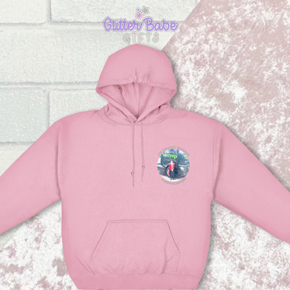 pink hoodie with photo on left chest area with writing around it 