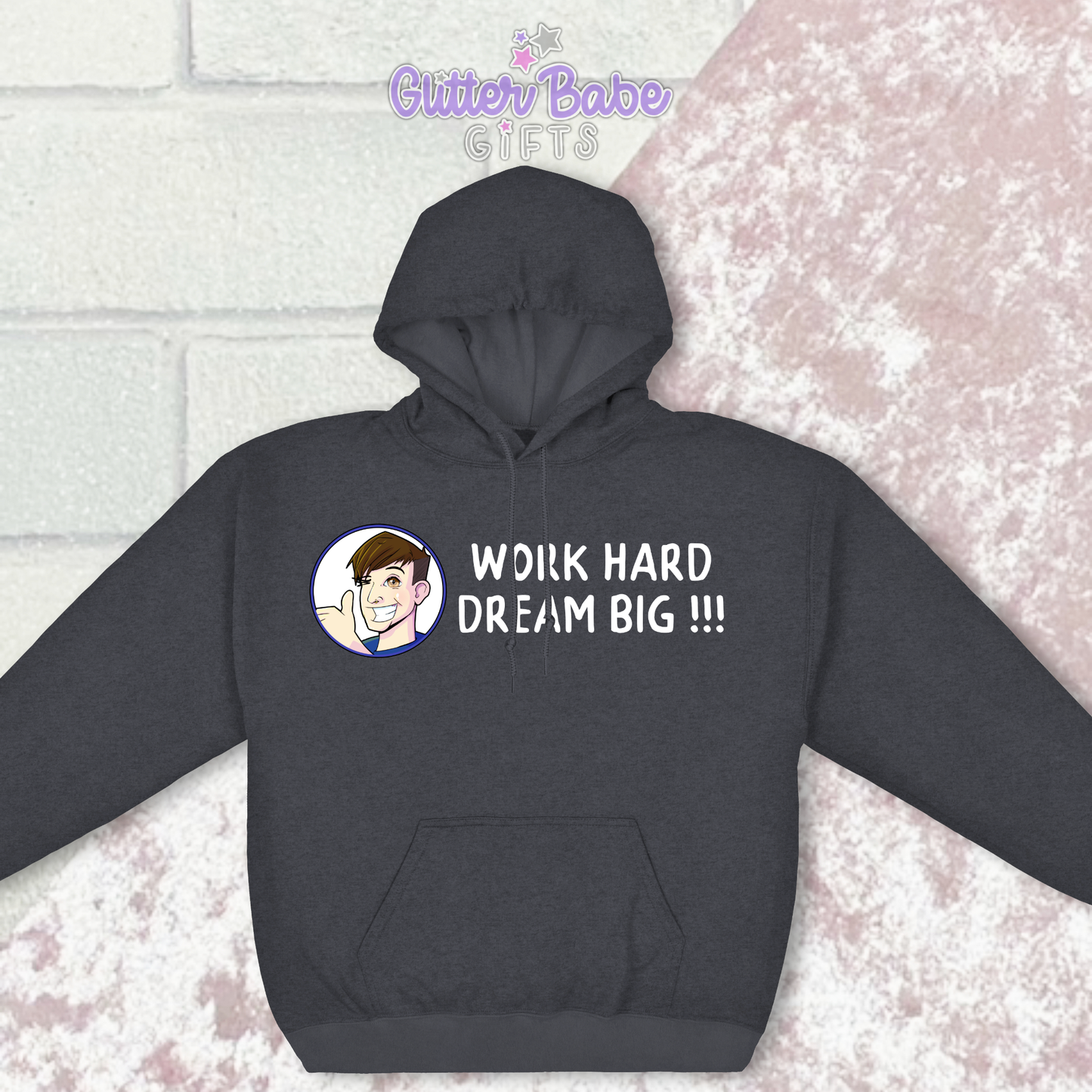 Dark heather colour hoodie with image and writing across the front with a pink and white background behind it