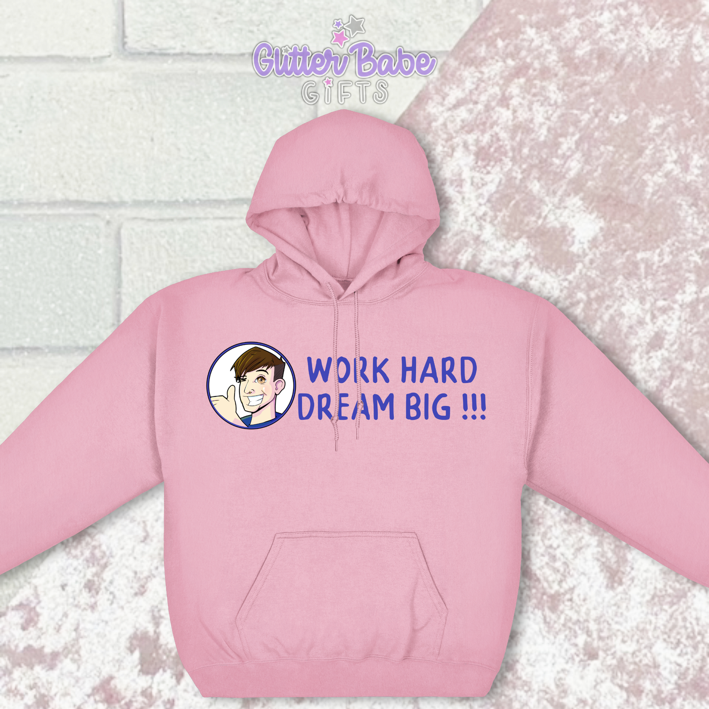 Pink hoodie with image and writing across the front with a pink and white background behind it