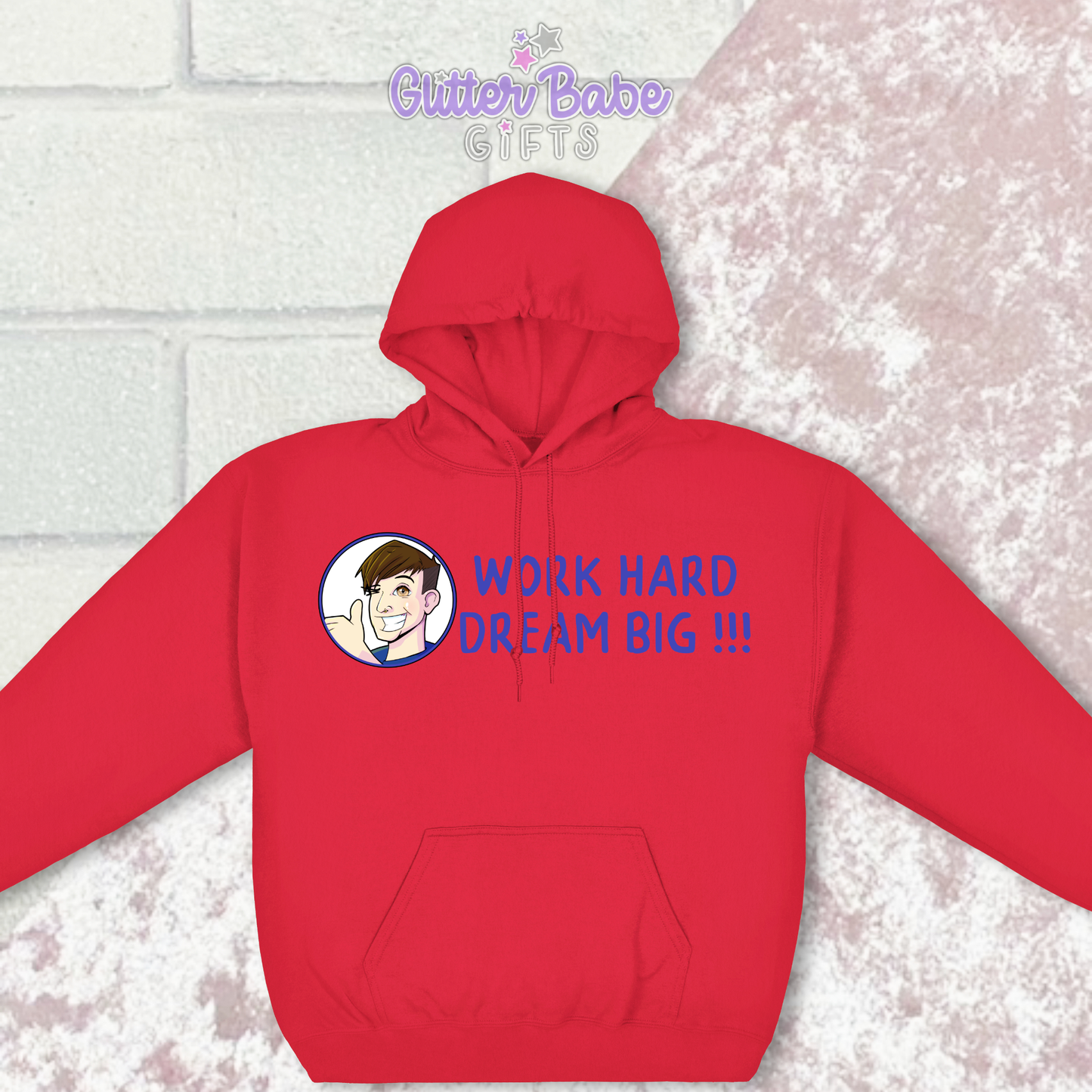 Red hoodie with image and writing across the front with a pink and white background behind it