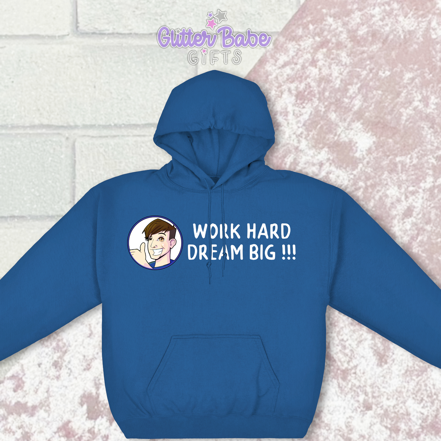 Blue hoodie with image and writing across the front with a pink and white background behind it