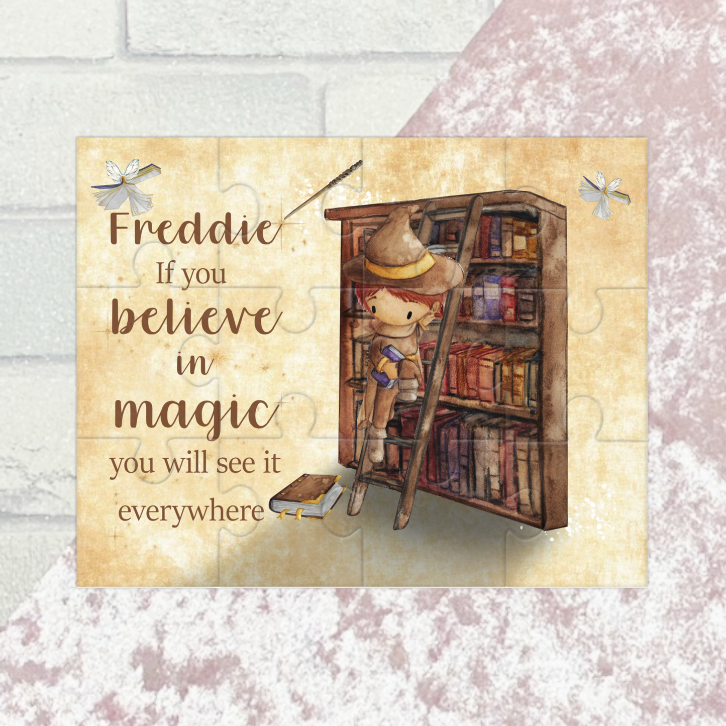Jigsaw puzzle with a bookcase and  wizard design on a textured surface