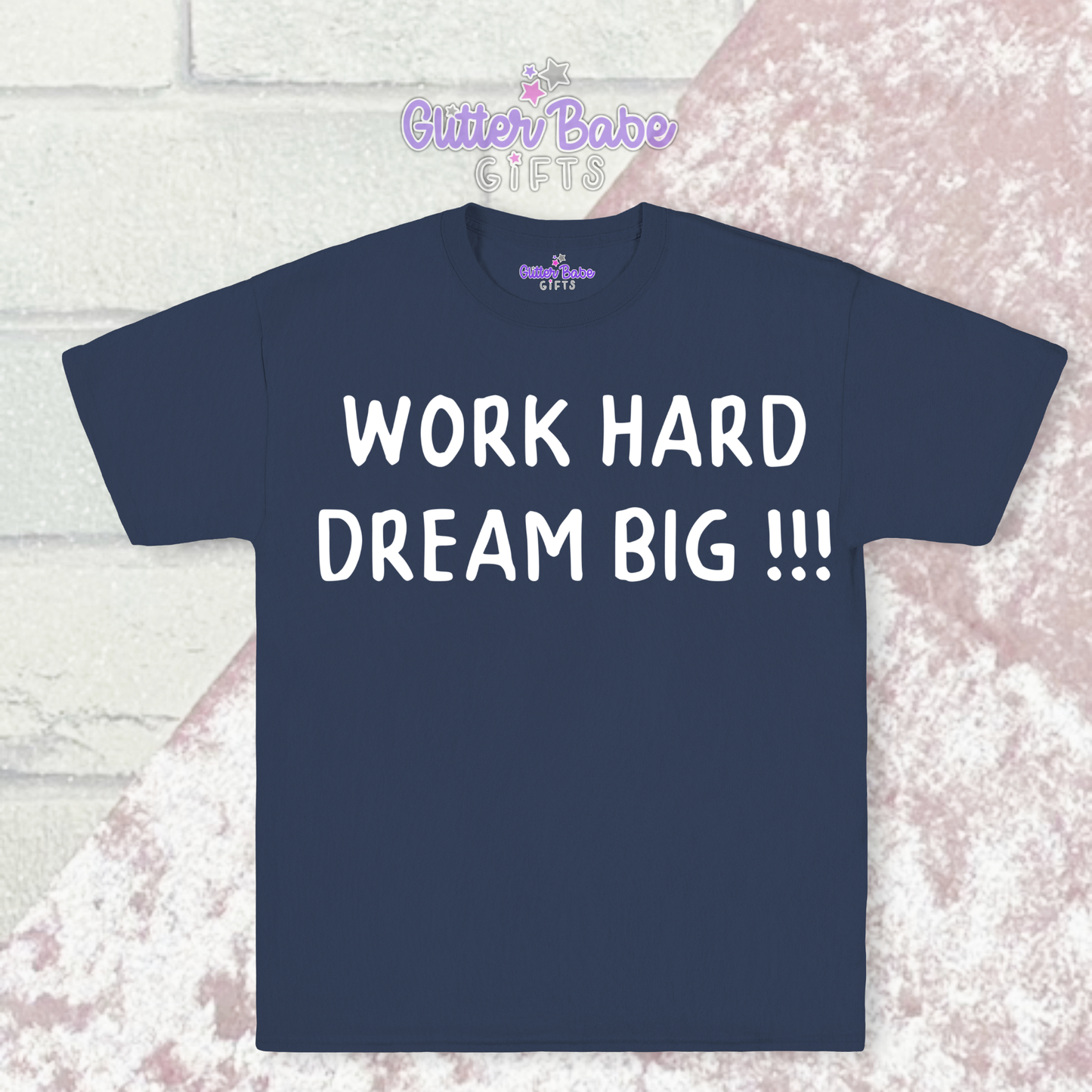 Navy T-shirt with white writing on pink and white background