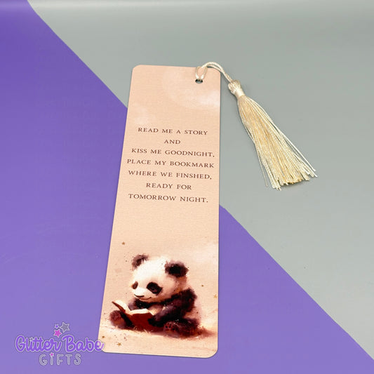Bookmark with panda design and text on a purple and gray background