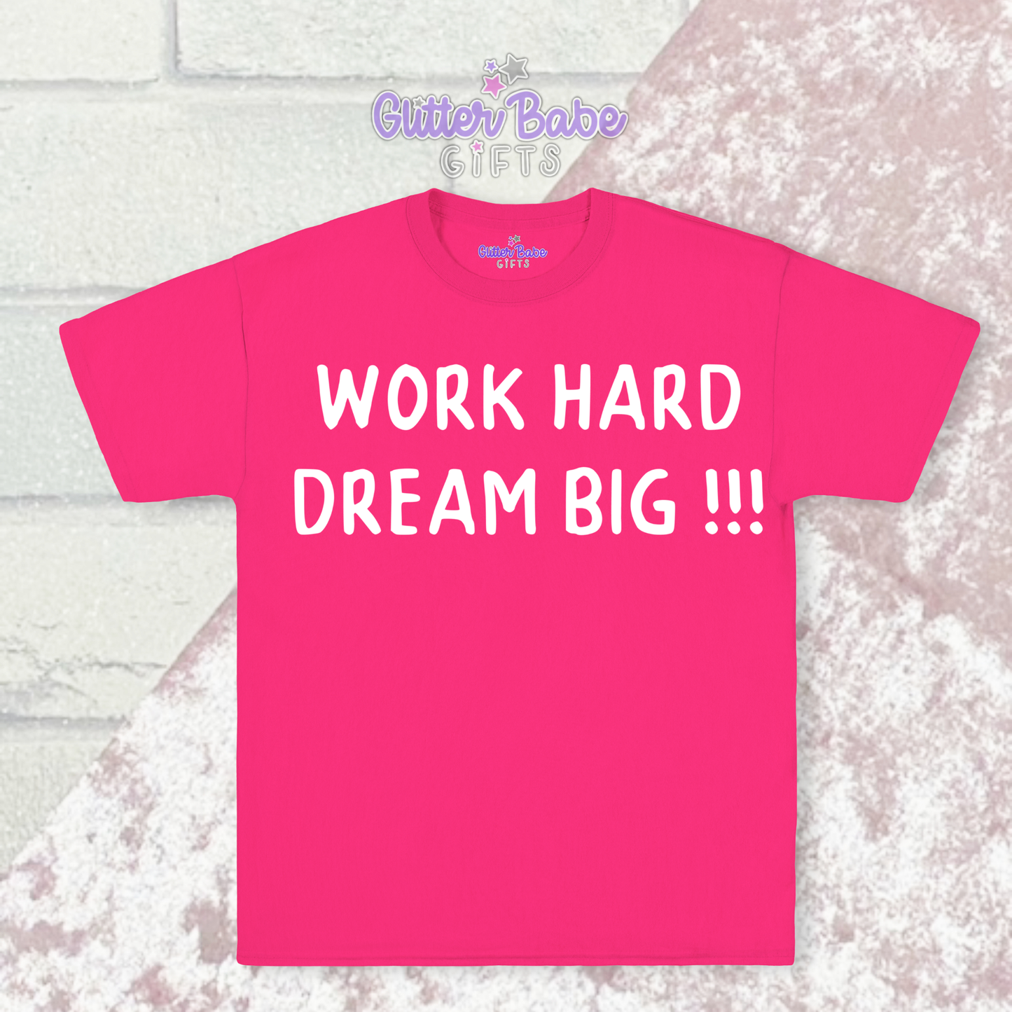 Pink T-shirt with white writing on pink and white background