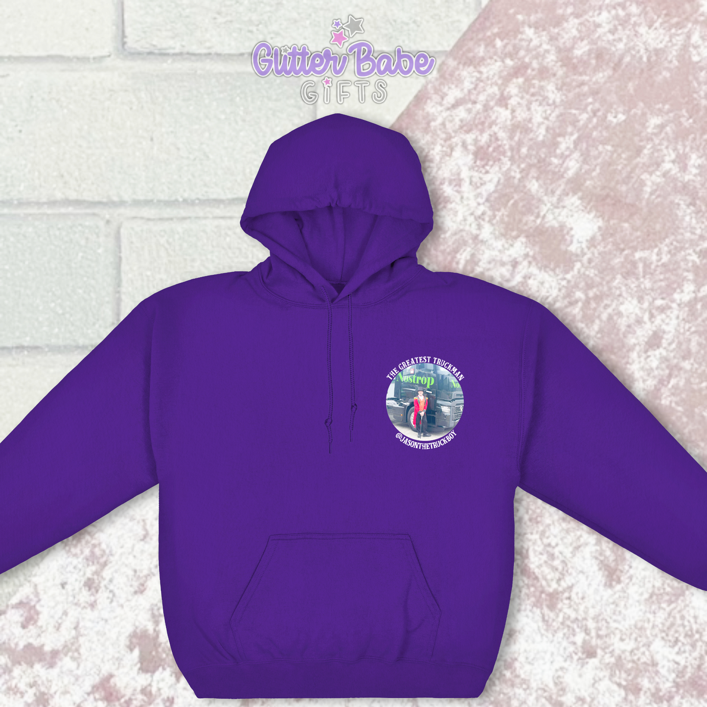 Purple Hoodie with a photo and wording on the left chest area