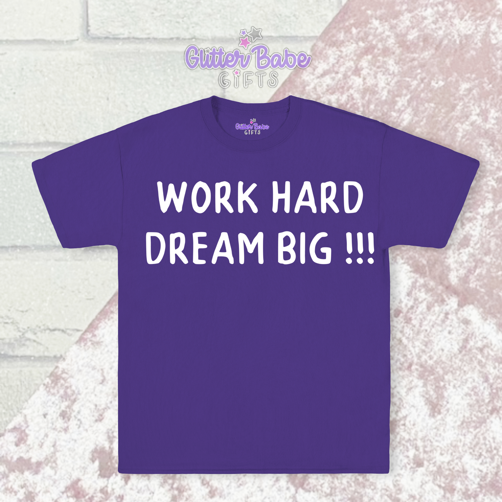 Purple T-shirt with white writing on pink and white background