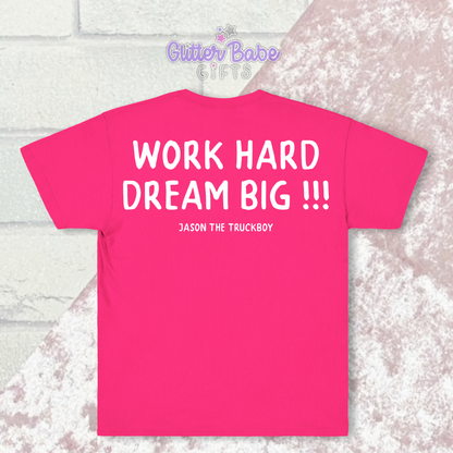 Back view of Pink t-shirt with white writing laying on pink and white background