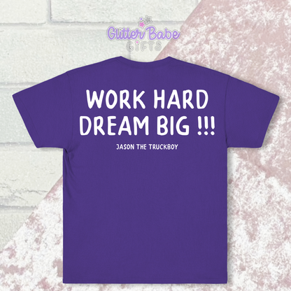 Back view of Purple t-shirt with white writing laying on pink and white background