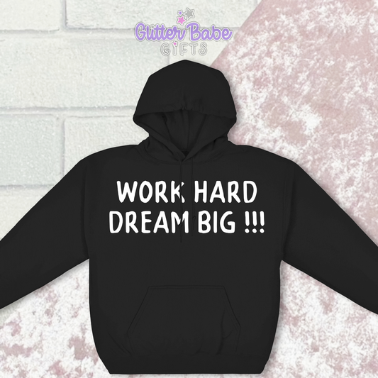 black hoodie with white writing on pink and white background