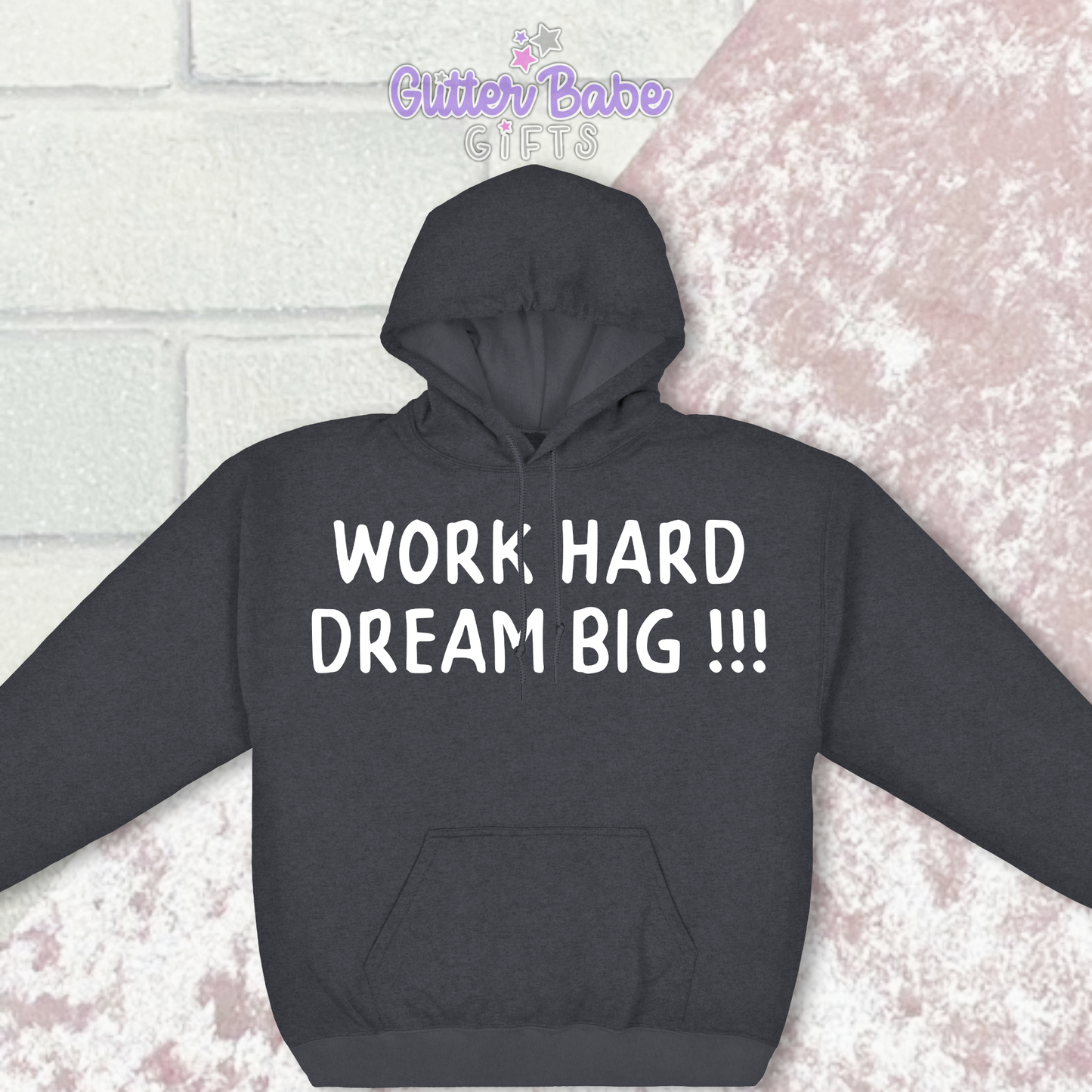 dark heather grey hoodie with white writing on pink and white background