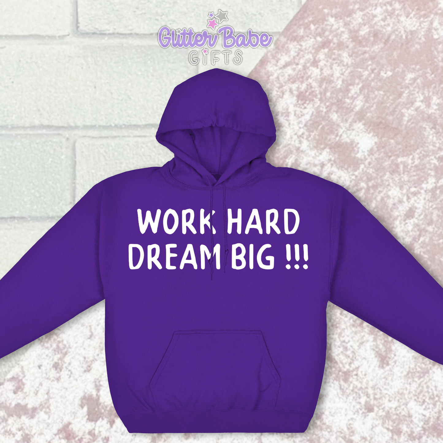 purple hoodie with white writing on pink and white background