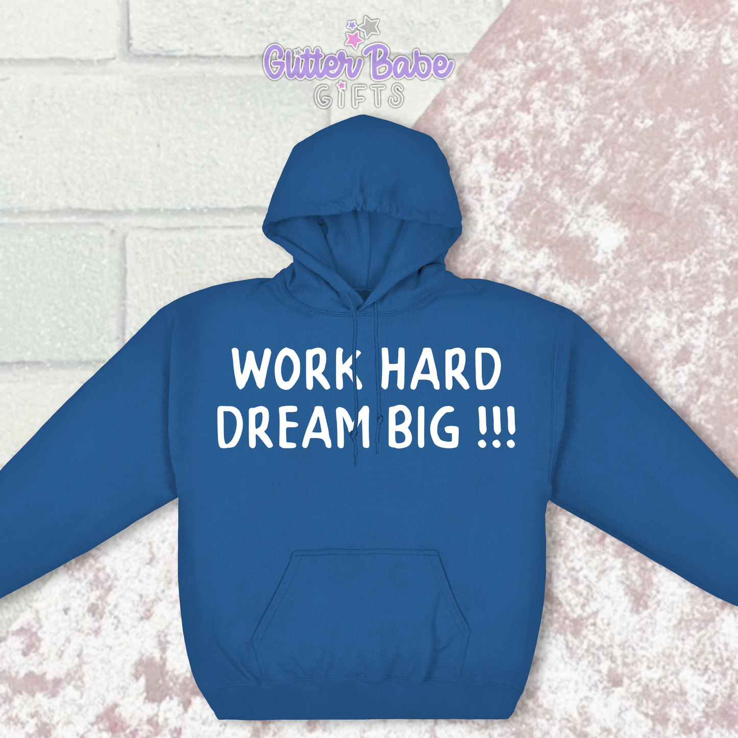 blue hoodie with white writing on pink and white background