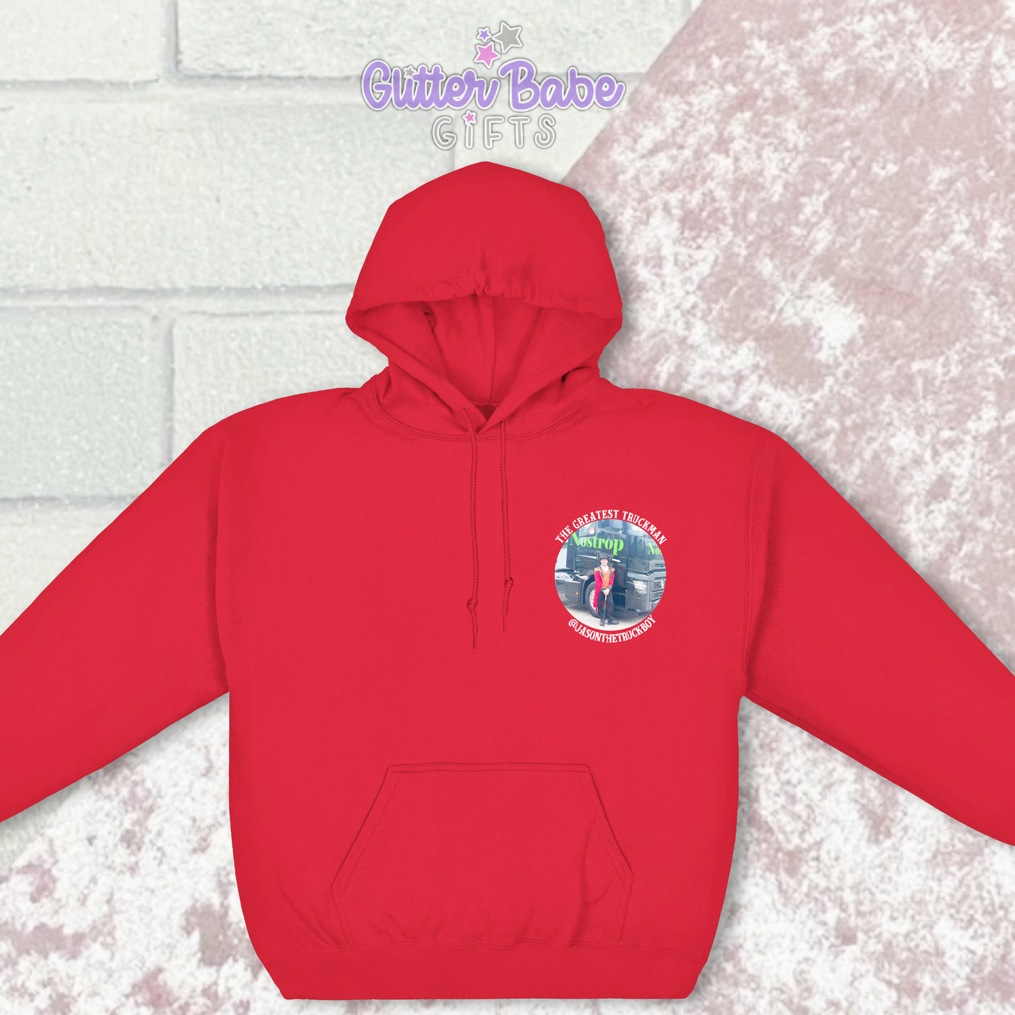 Red Hoodie with a photo and wording on the left chest area 