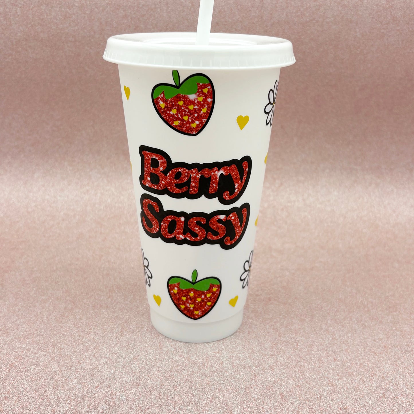 Tumbler with 'Berry Sassy' design on a pink background
