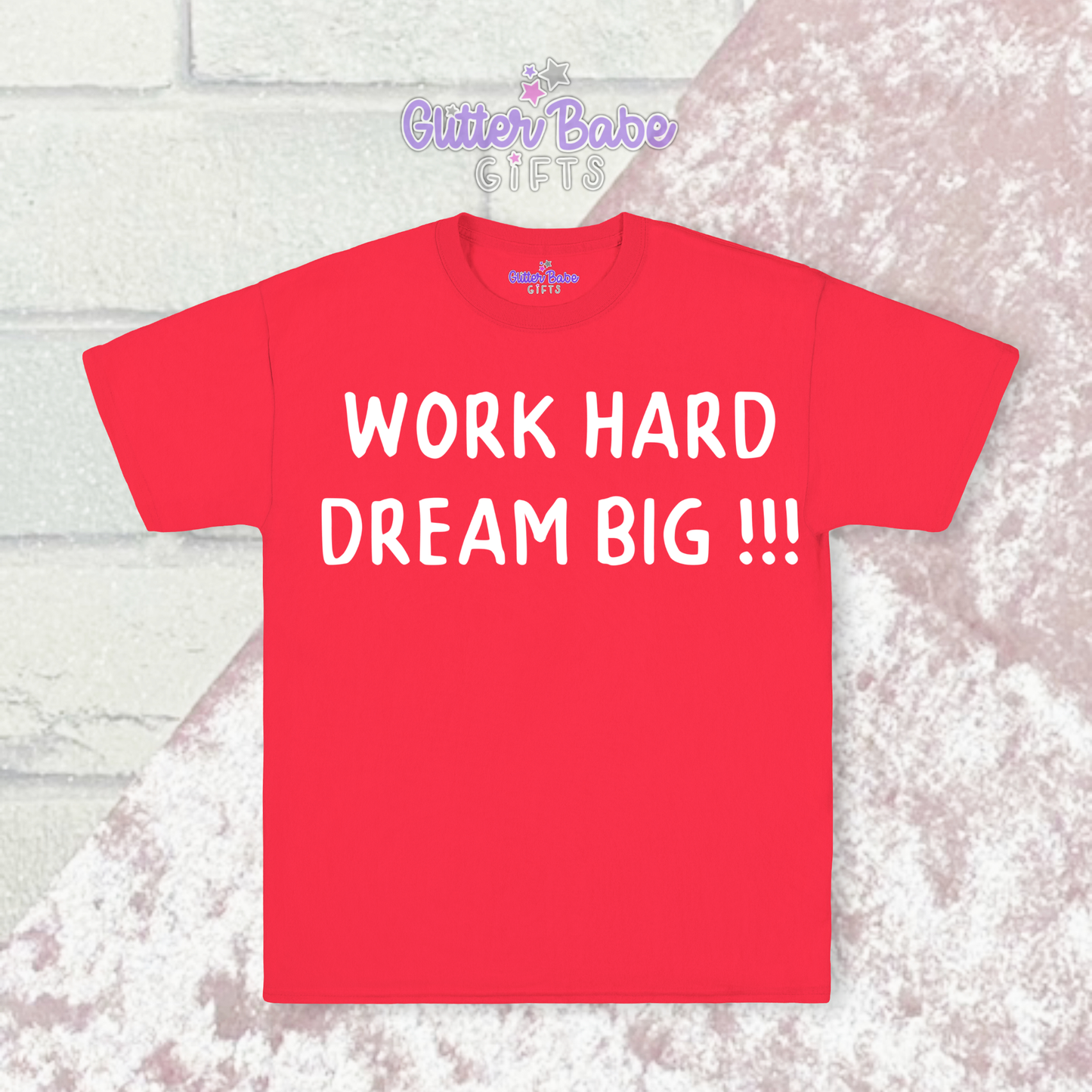 Red T-shirt with white writing on pink and white background