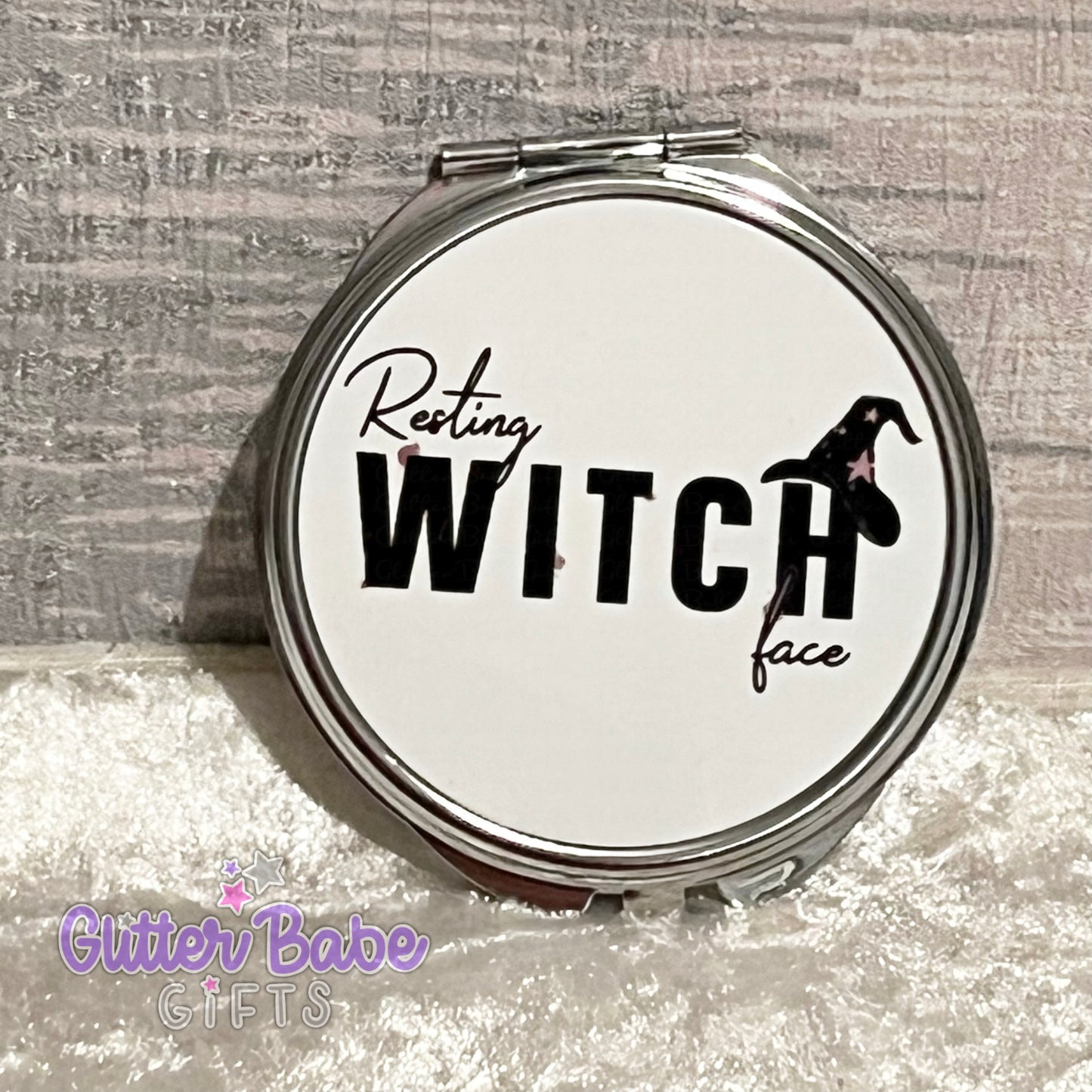 Resting Witch Face Compact Mirror -  Silver