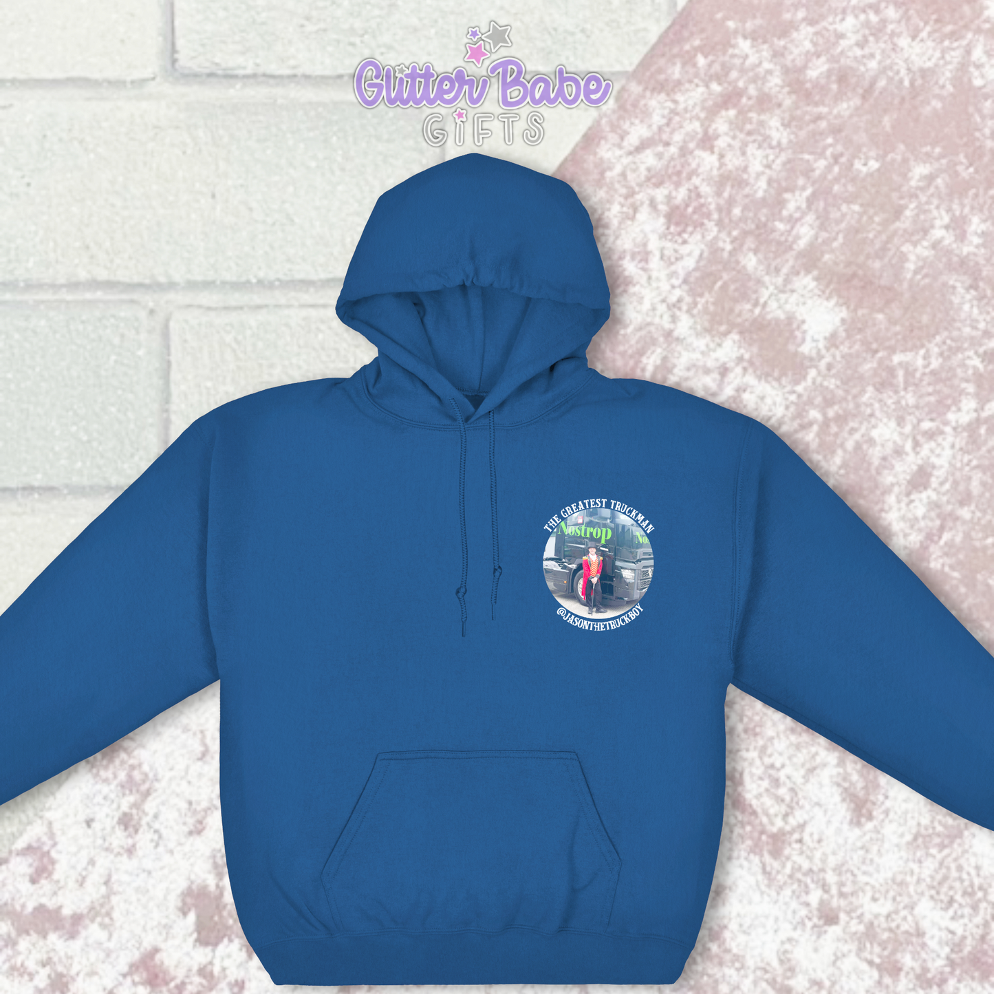 blue hoodie with photo on left chest area with writing around it 