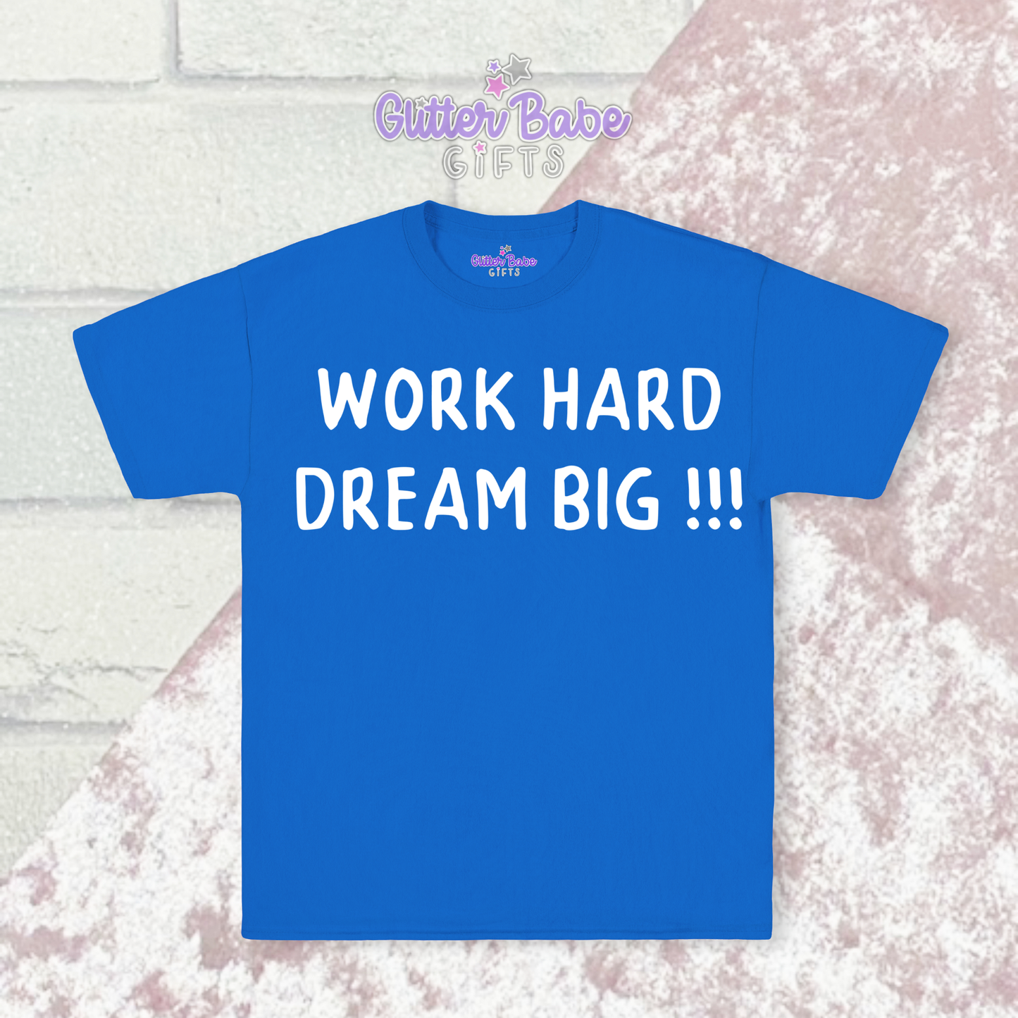 Blue T-shirt with white writing on pink and white background