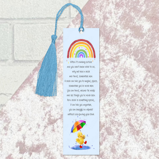 Bookmark with rainbow and duck illustration on a textured surface