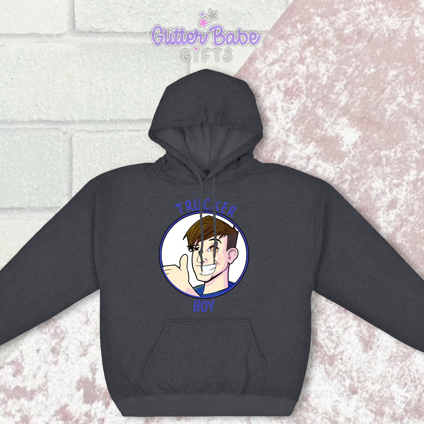 dark heather grey hoodie with image above pocket on white and background