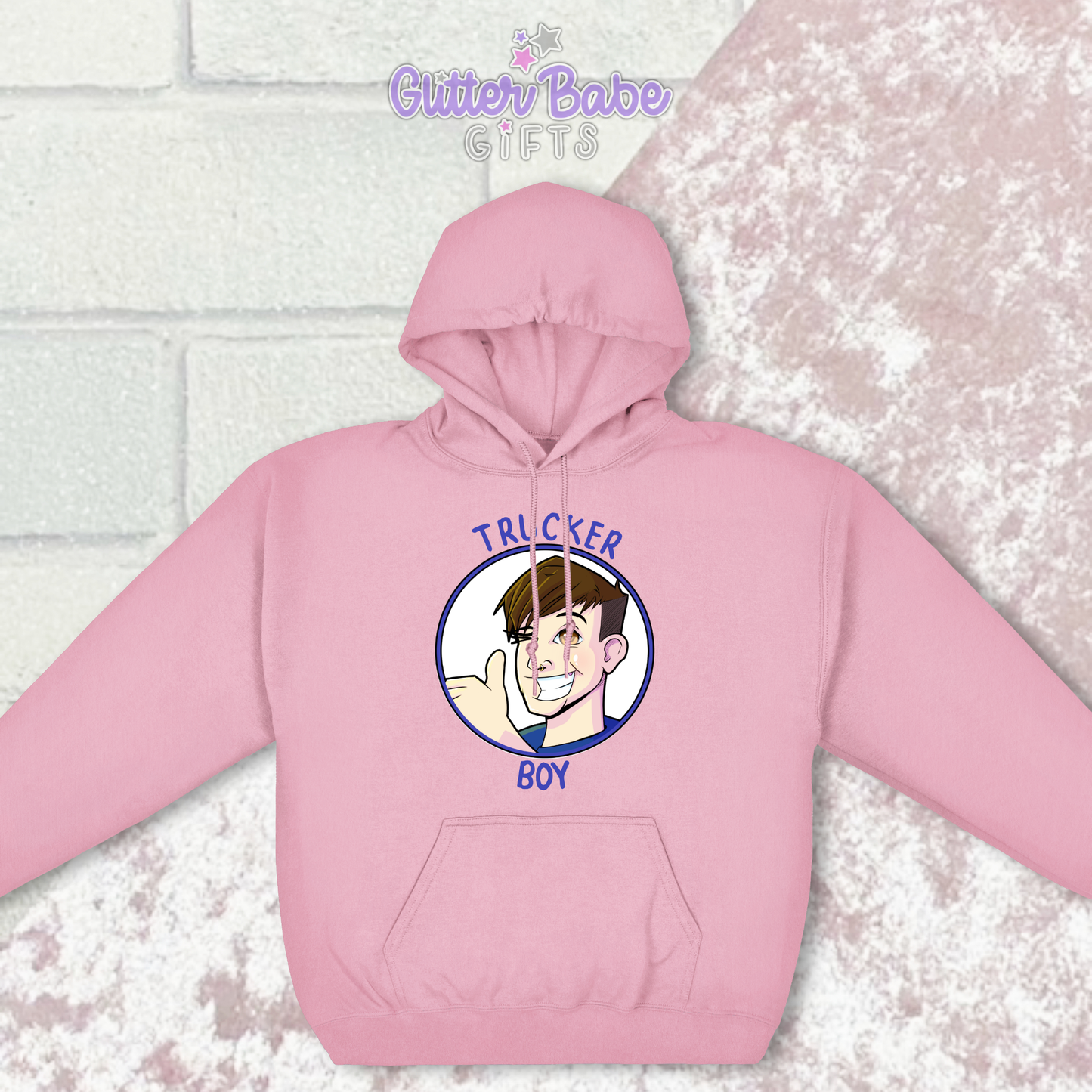 a pink hoodie with image above pocket on white and background