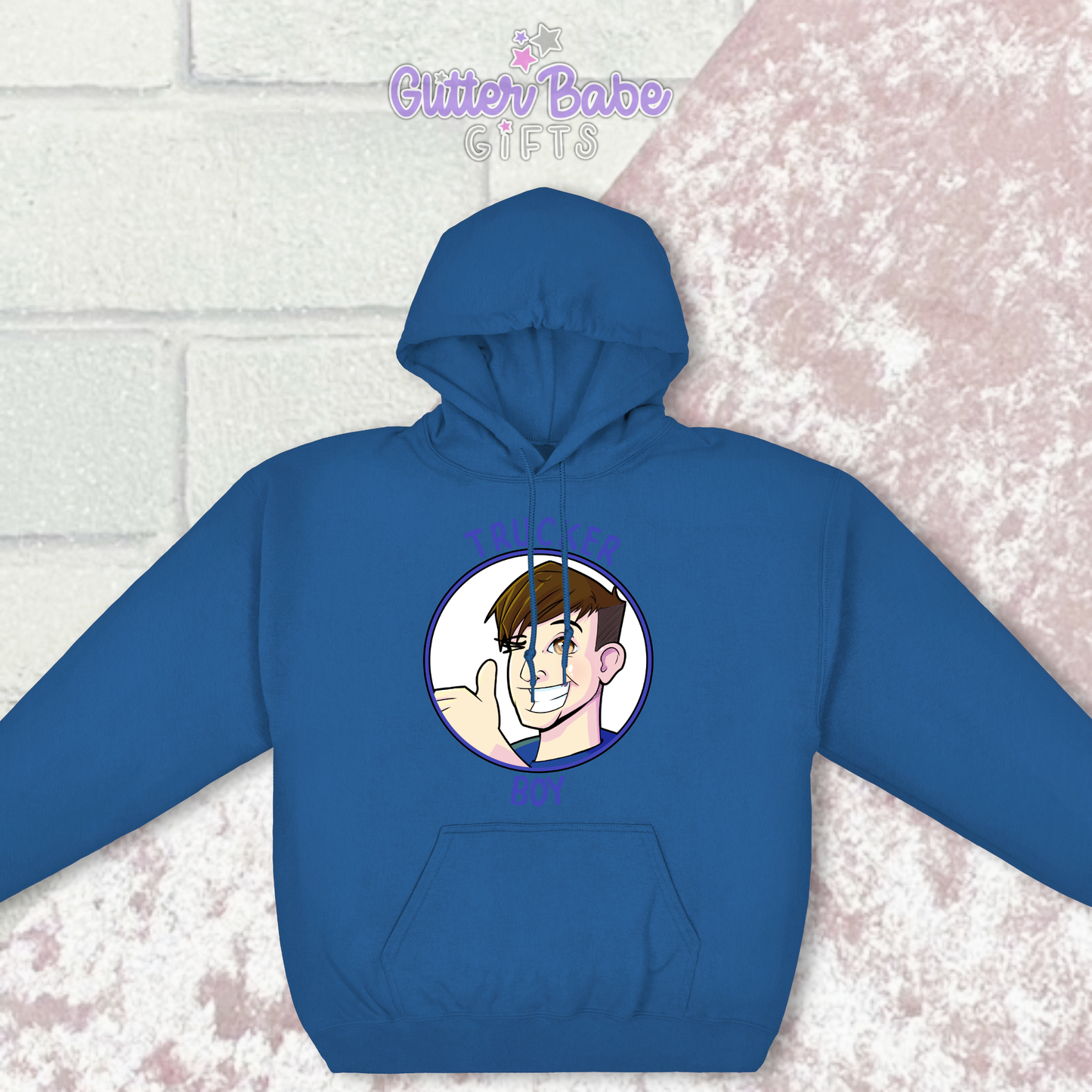 a blue hoodie with image above pocket on white and background