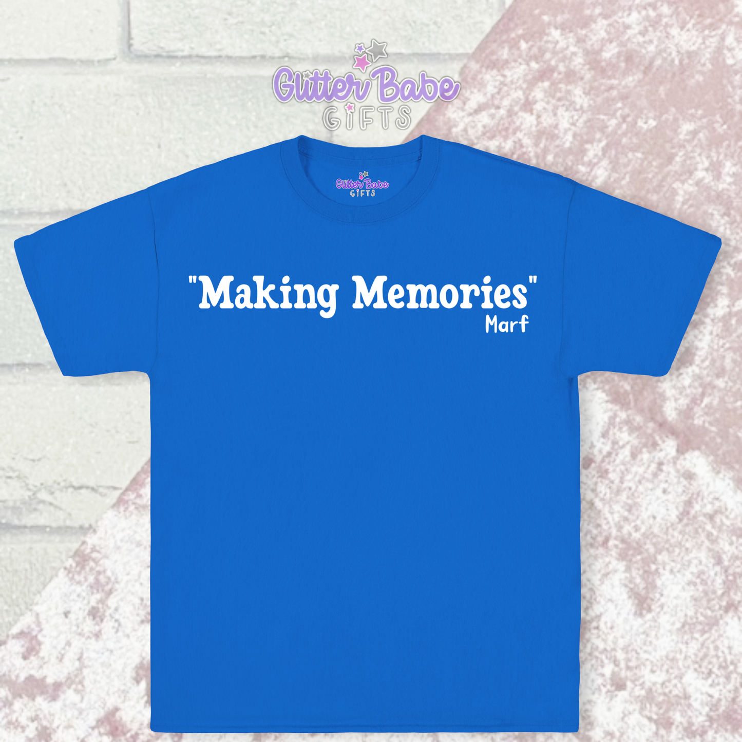 Blue t-shirt with  quote in white writing