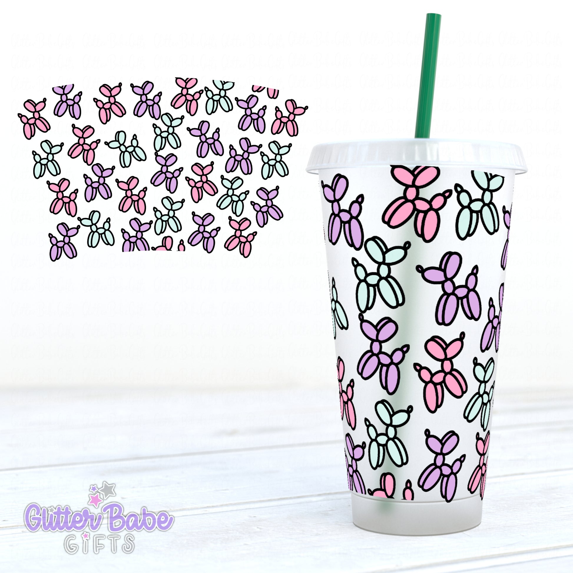 A Cold cup image with pastel coloured balloon dog pattern 