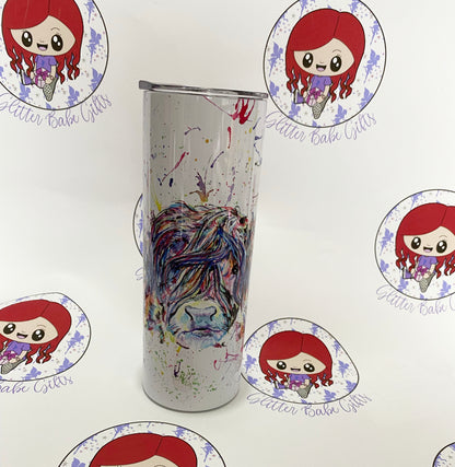 image shows a printed tumbler with multicoloured cow