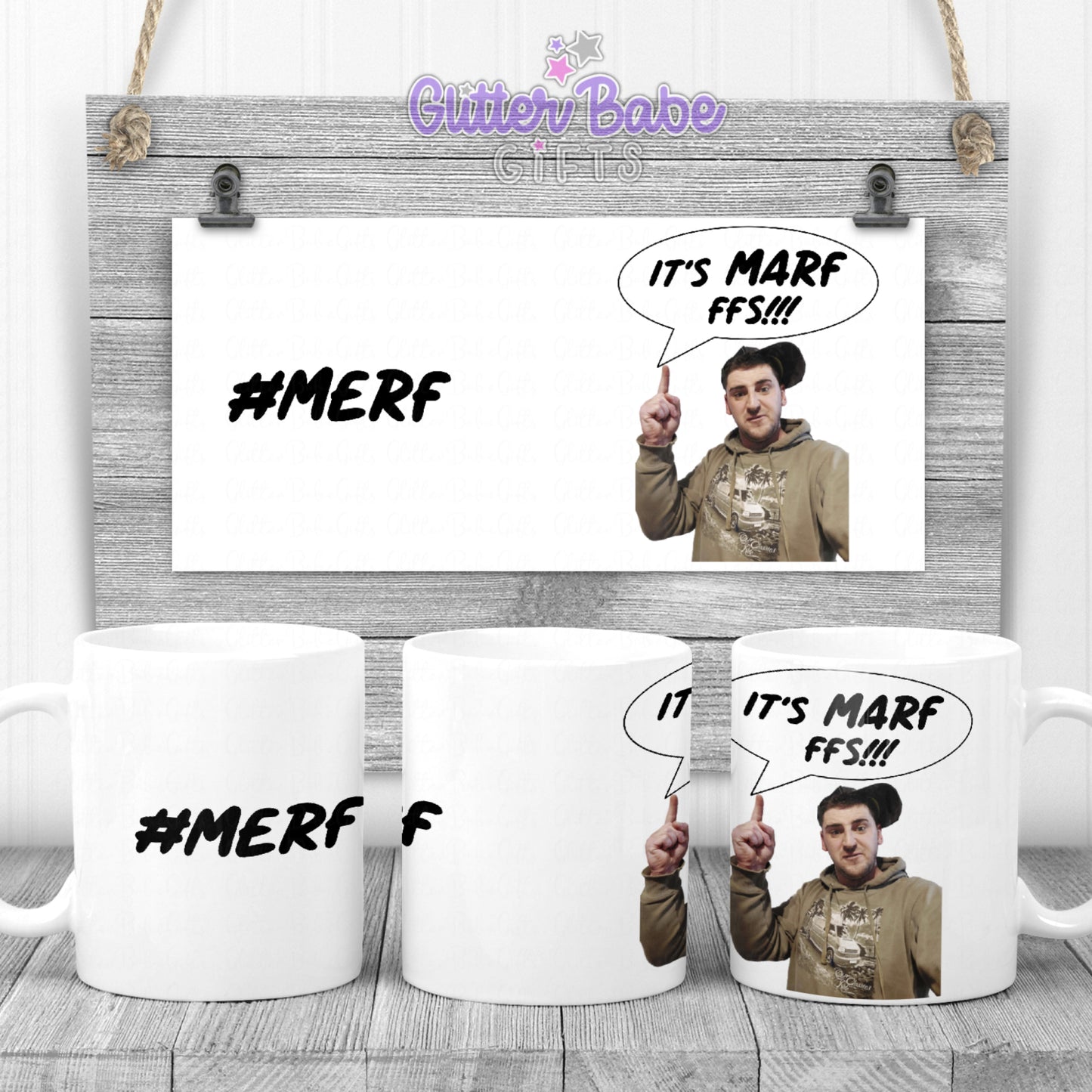 An image of a mug design with a person on it with a speech bubble saying it's Marf FFS.