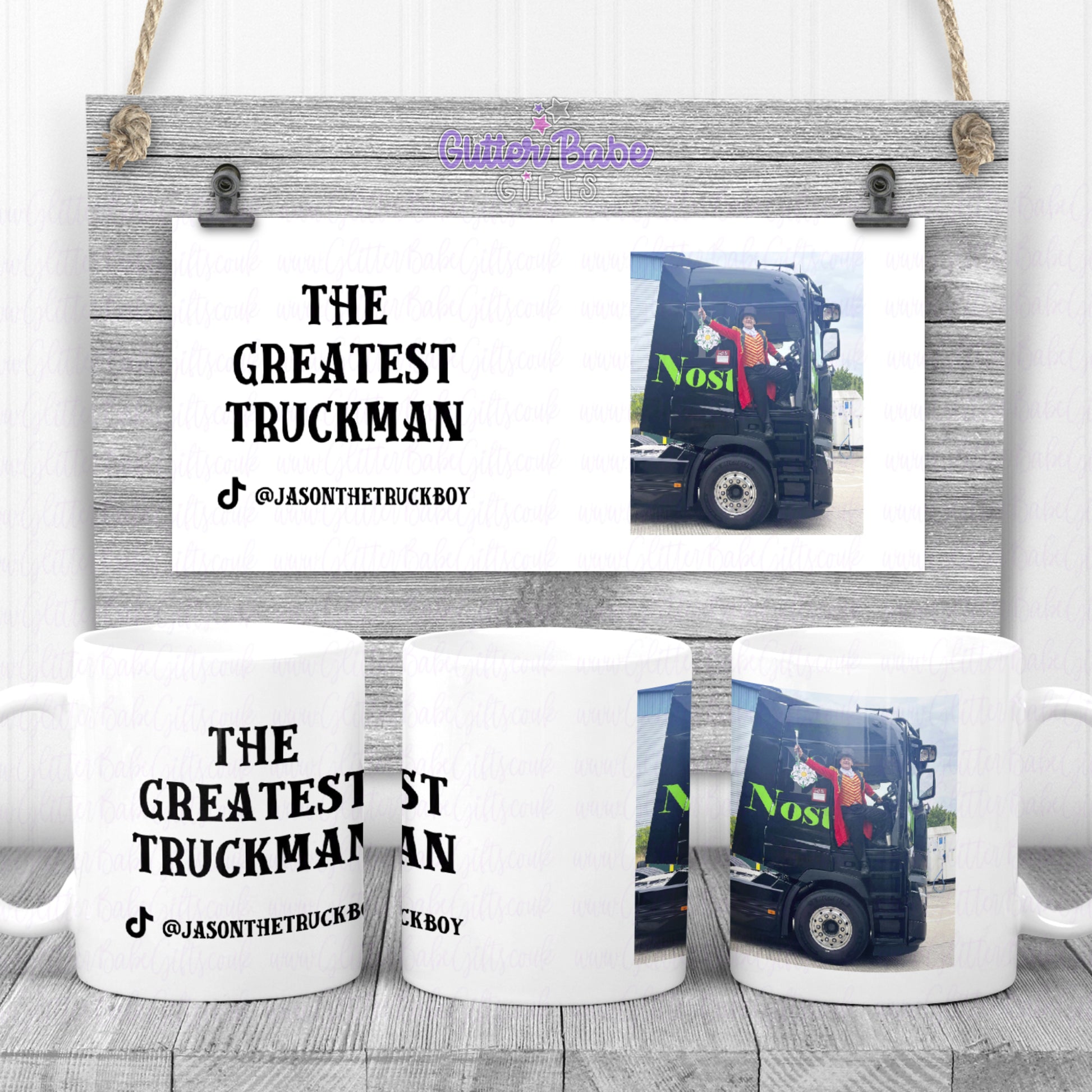 Jason The Truck Boy dressed as the greatest showman with his truck on one side and his tiktok username and writing "the greatest truckman" on the other side